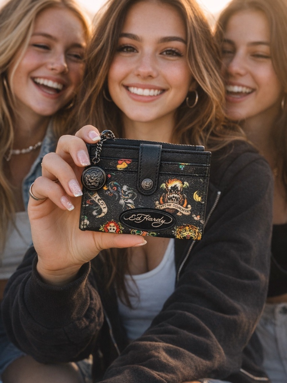 Ed Hardy Black Tattoo-Print Card Holder Coin Purse with Signature Zipper Pull